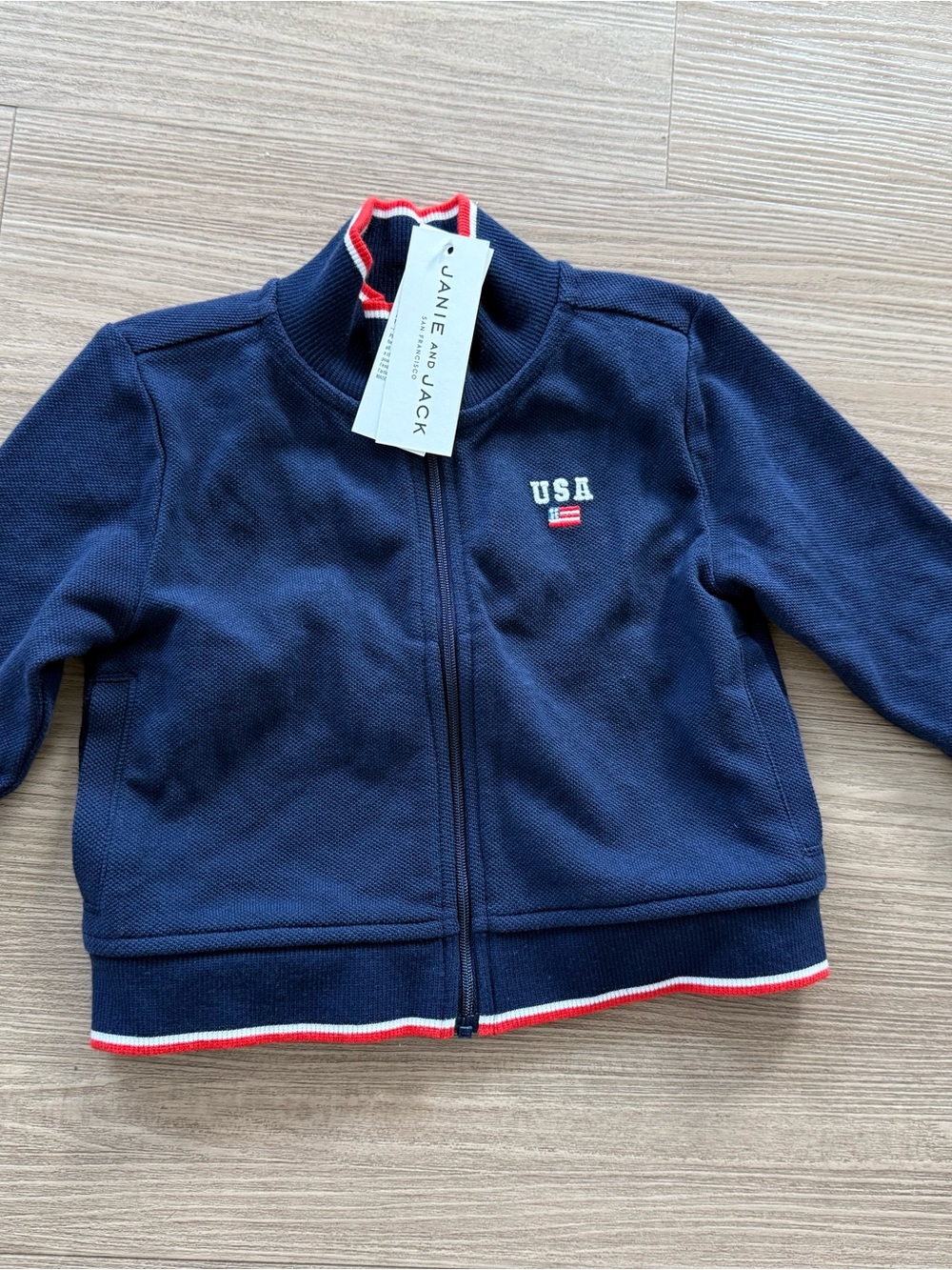 Janie and Jack Navy Zip Front Kids Sweatshirt with Red & White Trim 12-18 months